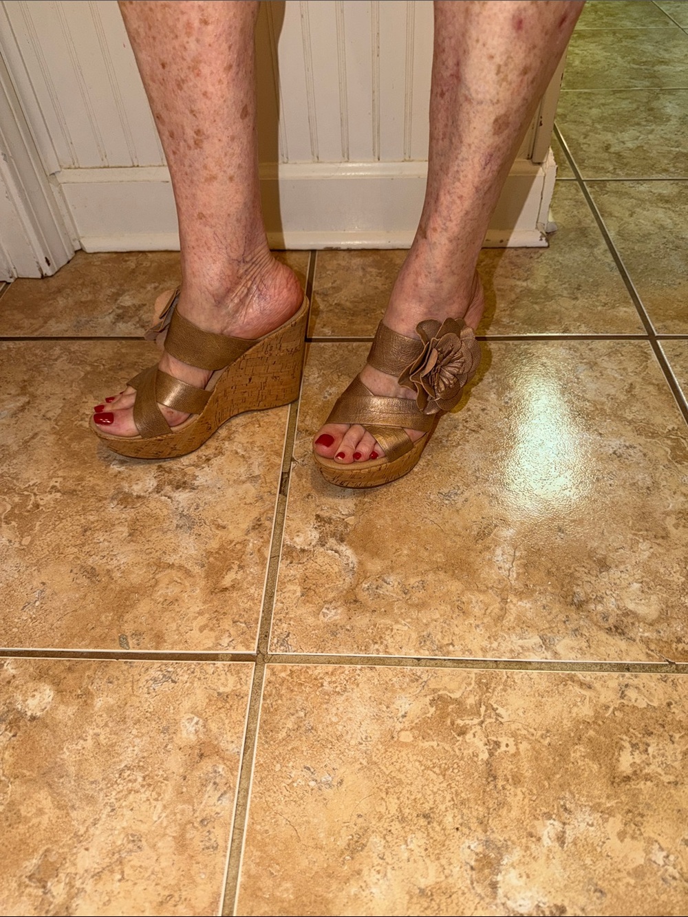 KORKS KORK-EASE Metallic Gold Floral Wedge Sandals-Women's Slip-OnWedges